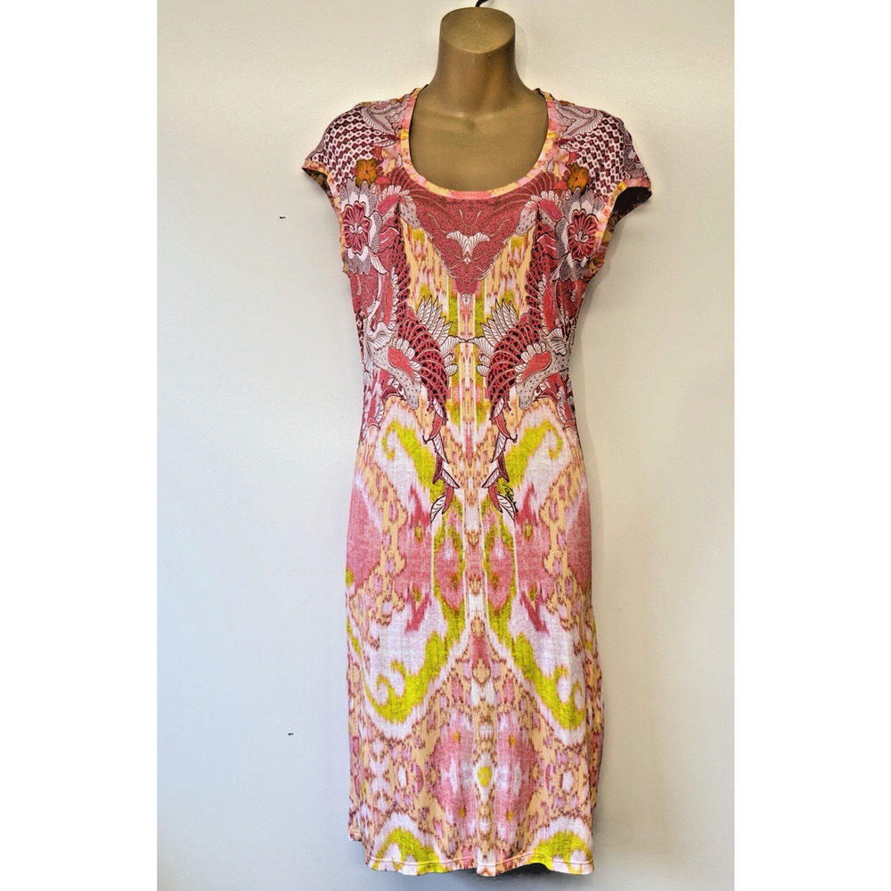 Roberto Cavalli Size 8 Pink Multi Floral Scoop Neck Short Sleeve Dress Size 44